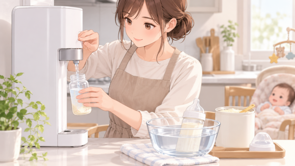 ウォーターサーバーの温水を使って赤ちゃんの粉ミルクを調乳する日本人女性