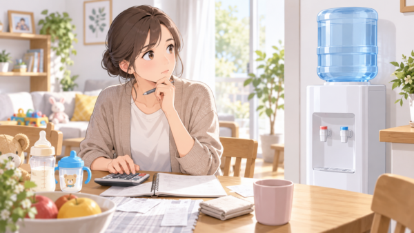 クリクラのウォーターサーバーを見ながら家計簿と電卓で月額料金を確認する日本人女性
